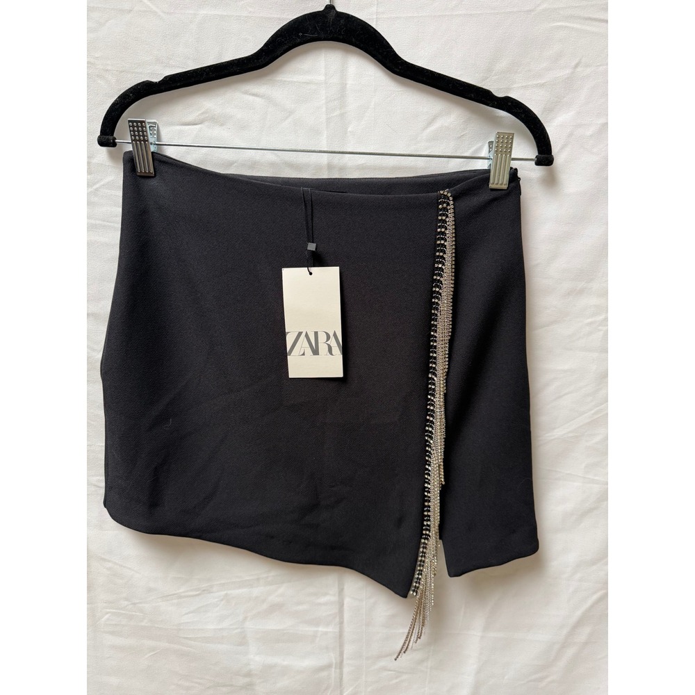 NWT Zara rhinestone fringe black mini skirt
